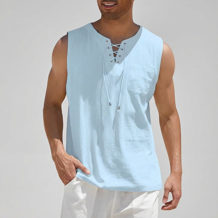 Men's Linen Tank Top Sleeveless Casual Lace up Neck Shirt
