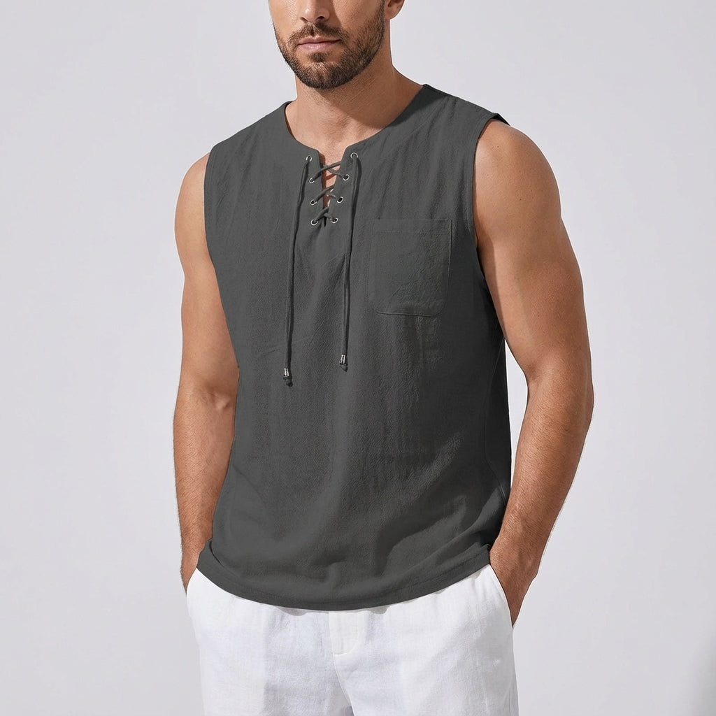 Men's Linen Tank Top Sleeveless Casual Lace up Neck Shirt