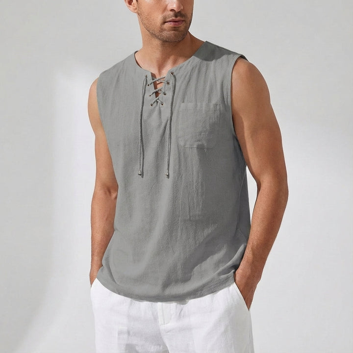 Men's Linen Tank Top Sleeveless Casual Lace up Neck Shirt