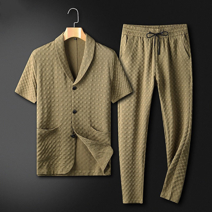 Men's Knit Shawl Collar Shirt and Trousers Set