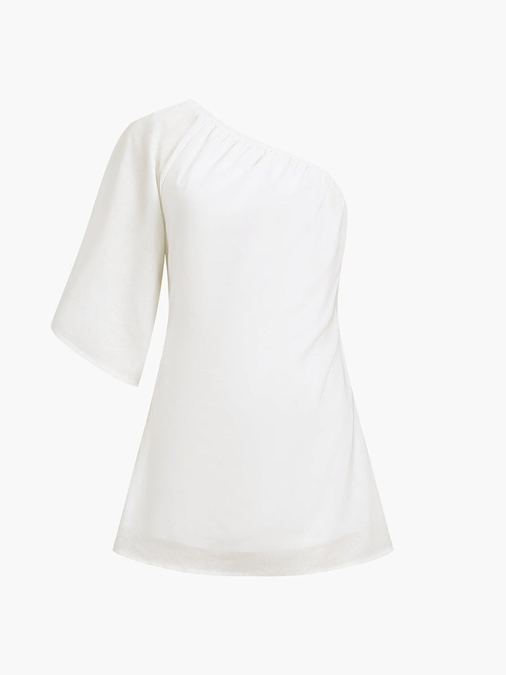 Women's Linen One Shoulder Puff Sleeve Mini Dress