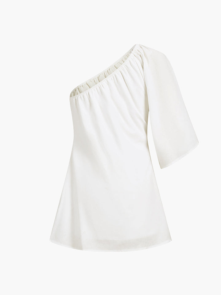 Women's Linen One Shoulder Puff Sleeve Mini Dress