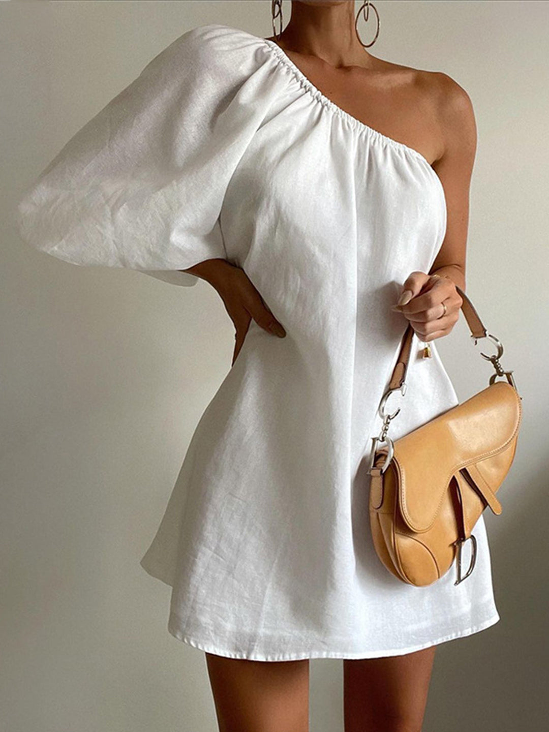 Women's Linen One Shoulder Puff Sleeve Mini Dress