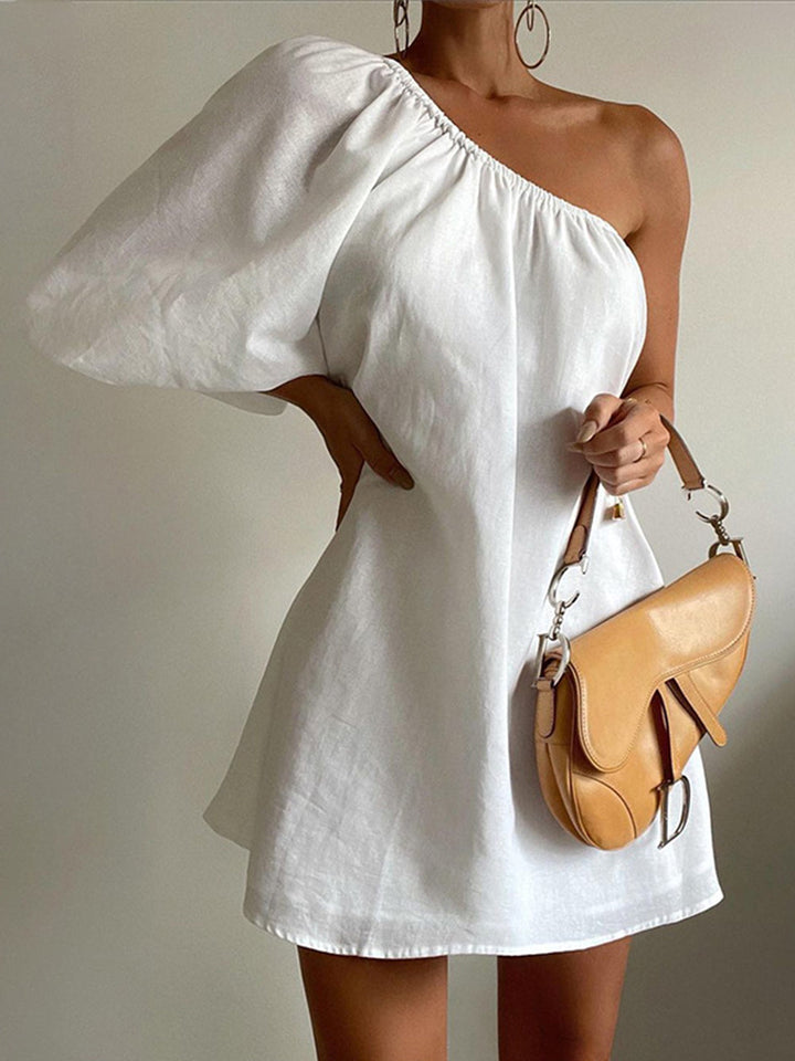 Women's Linen One Shoulder Puff Sleeve Mini Dress