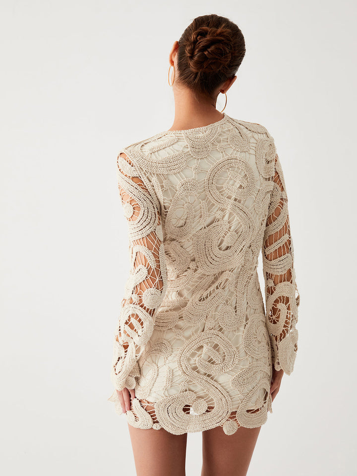 Women's Crochet Knit Long-Sleeve Party Mini Dress