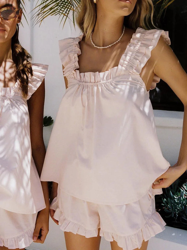 Women's Linen Ruffle Pajama Shorts Set