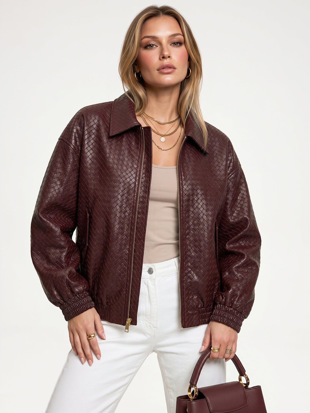 Γυναικείο oversized δερμάτινο μπουφάν bomber με φερμουάρ, casual παλτό