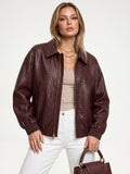 Γυναικείο oversized δερμάτινο μπουφάν bomber με φερμουάρ, casual παλτό
