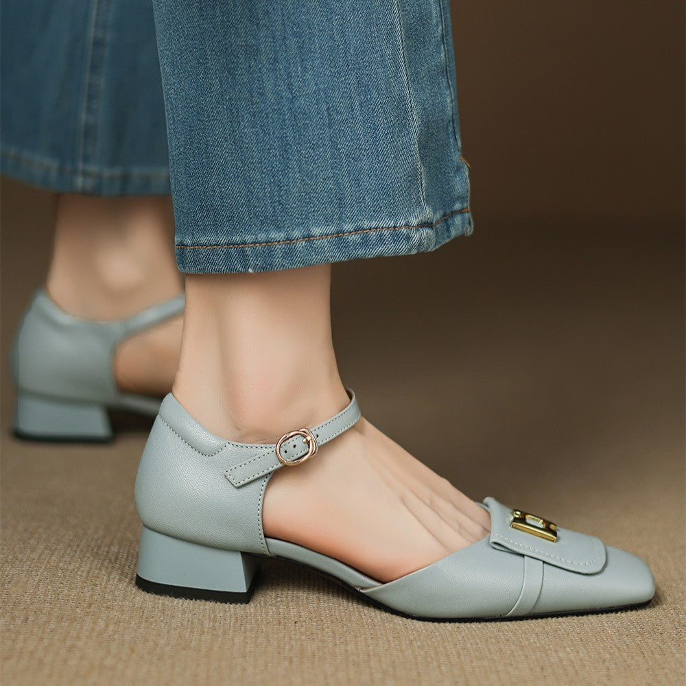 Women's Leather Square Toe Mary Jane Block Heels