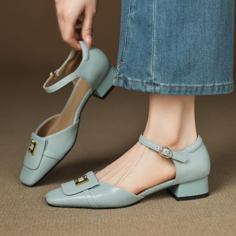 Women's Leather Square Toe Mary Jane Block Heels
