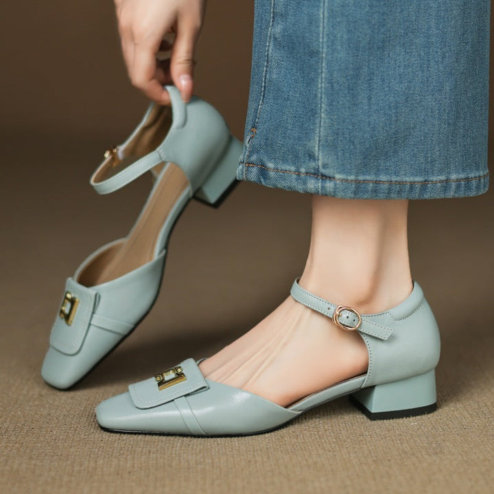 Women's Leather Square Toe Mary Jane Block Heels