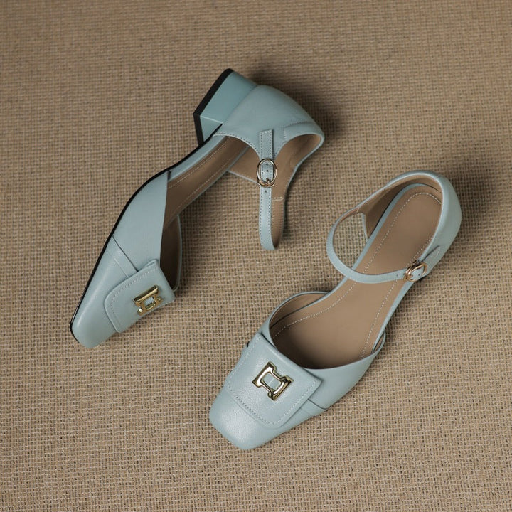 Women's Leather Square Toe Mary Jane Block Heels