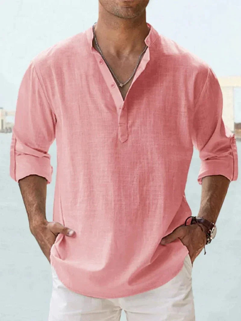 Men's Linen Henley Long Sleeve Relaxed Fit Shirt
