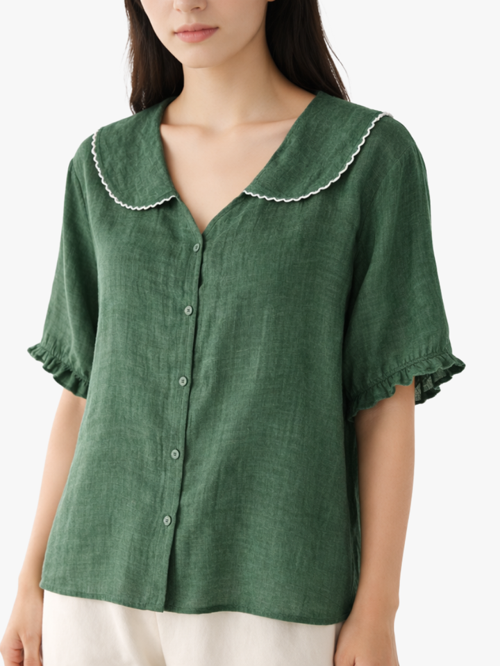 Women's Linen Blend Peter Pan Collar Short Sleeve Blouse Top