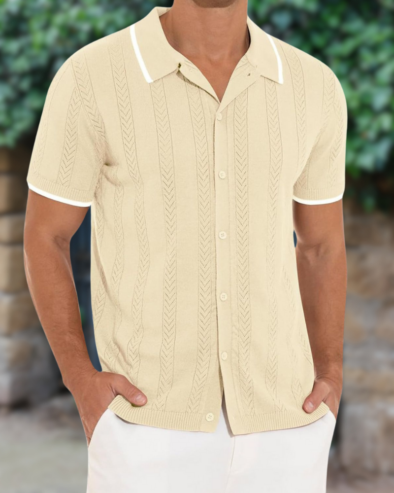 Men Knit Short Sleeve Button Up Polo Shirt