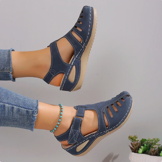 Women Leather Wedge Sandals Orthotic Closed Toe Strappy Footwear