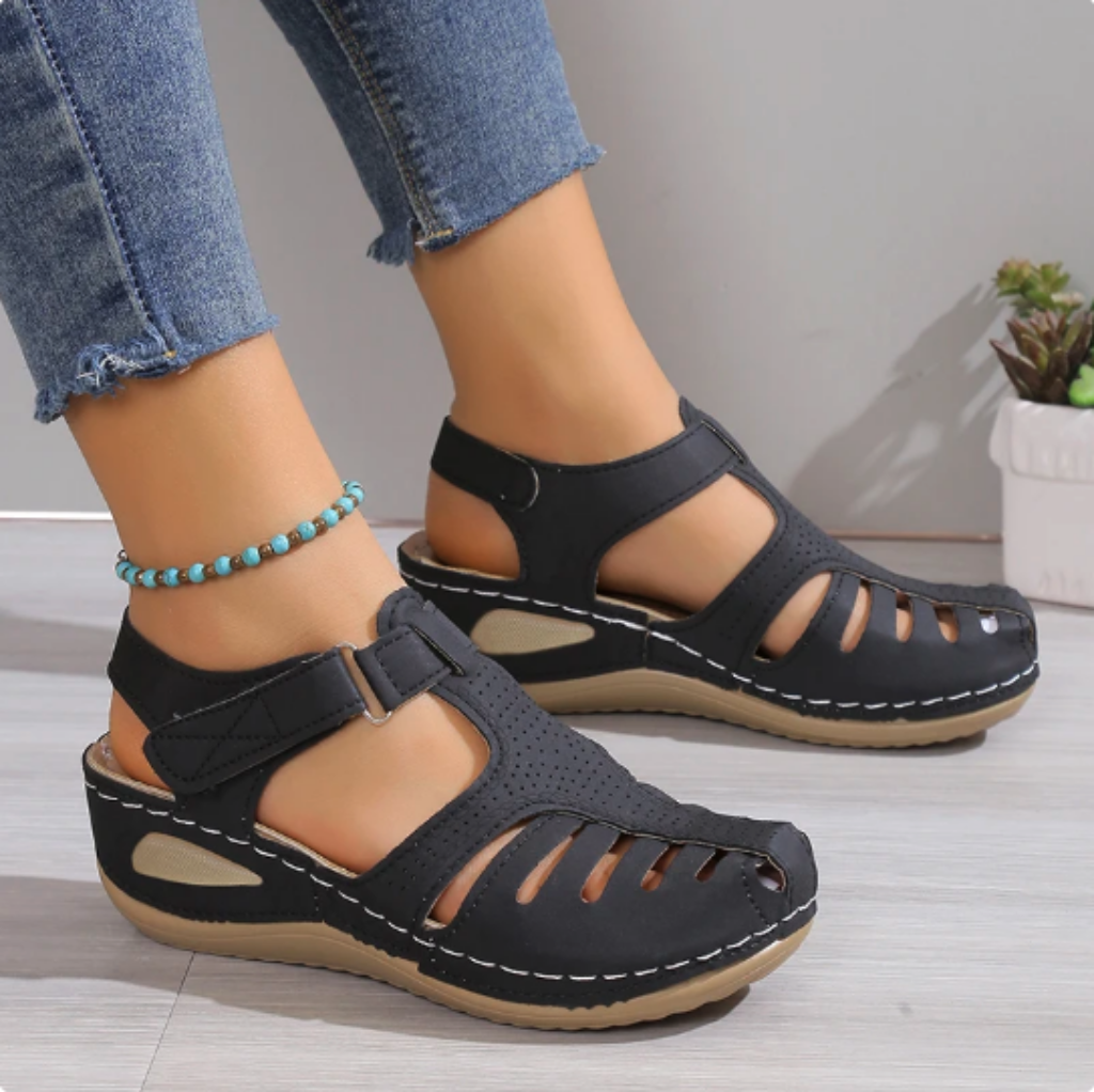 Women Leather Wedge Sandals Orthotic Closed Toe Strappy Footwear