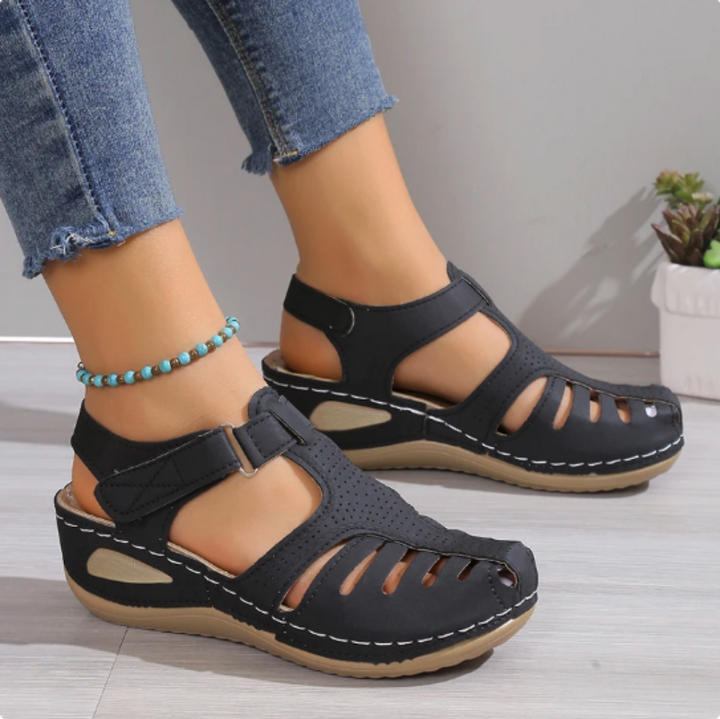 Women Leather Wedge Sandals Orthotic Closed Toe Strappy Footwear