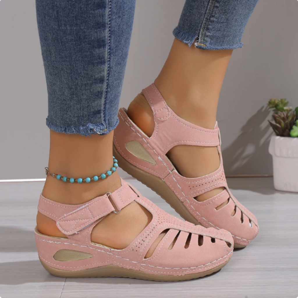 Women Leather Wedge Sandals Orthotic Closed Toe Strappy Footwear