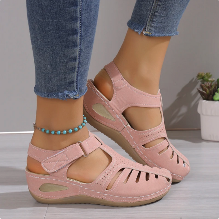 Women Leather Wedge Sandals Orthotic Closed Toe Strappy Footwear