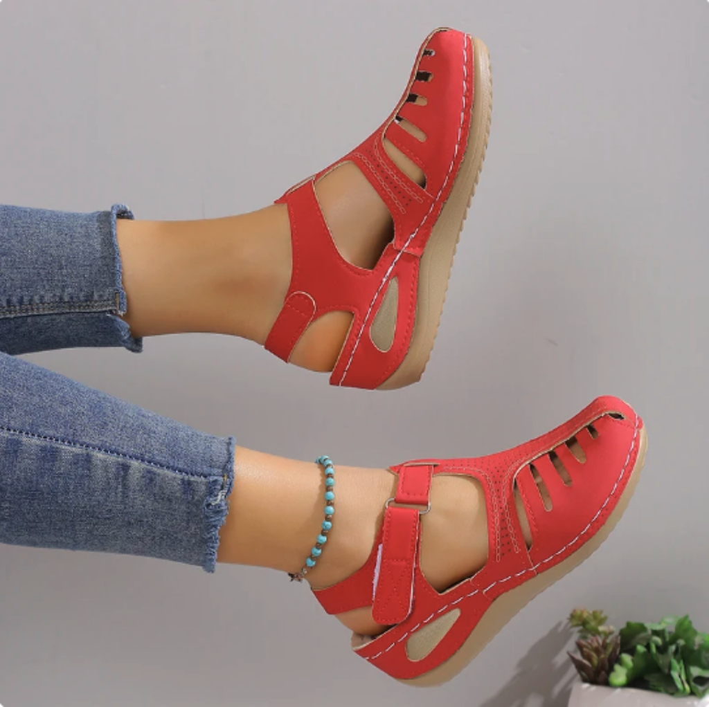 Women Leather Wedge Sandals Orthotic Closed Toe Strappy Footwear