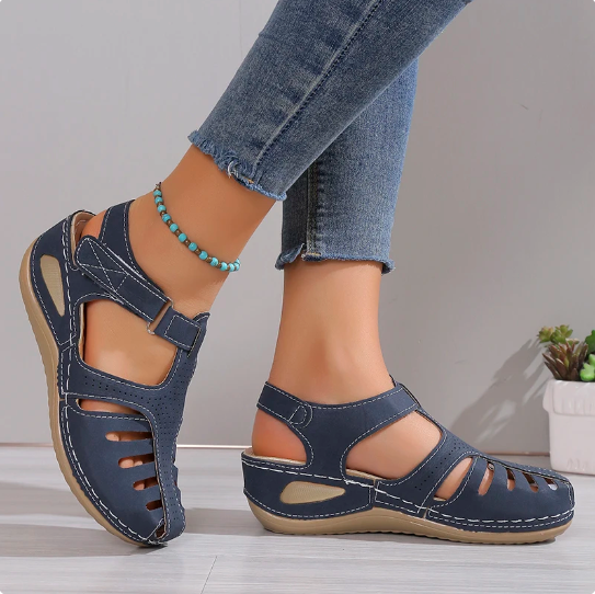 Women Leather Wedge Sandals Orthotic Closed Toe Strappy Footwear