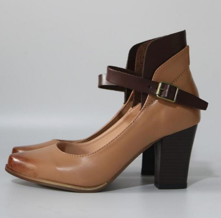 Women’s Leather Block Heel Ankle Strap Pumps