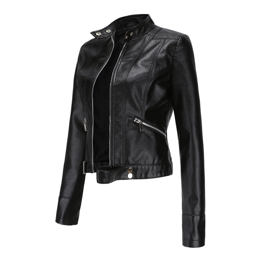 Veste de motard en cuir pour femme, coupe ajustée, fermeture zippée, manteau court