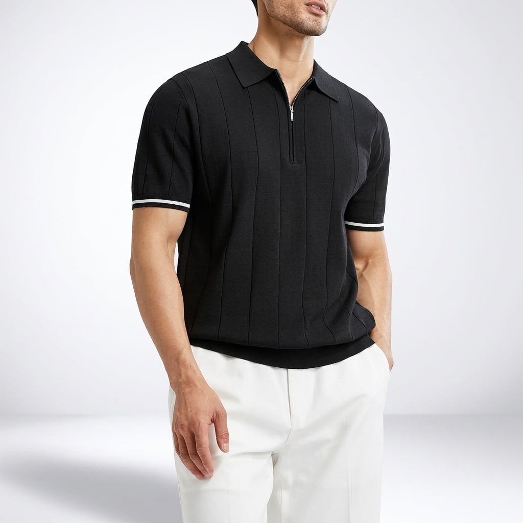 Pánské pletené polo tričko na zip s krátkým rukávem, slim fit, přes hlavu