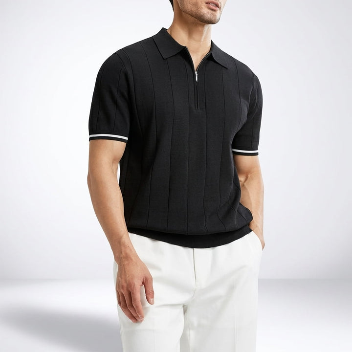 Pánské pletené polo tričko na zip s krátkým rukávem, slim fit, přes hlavu