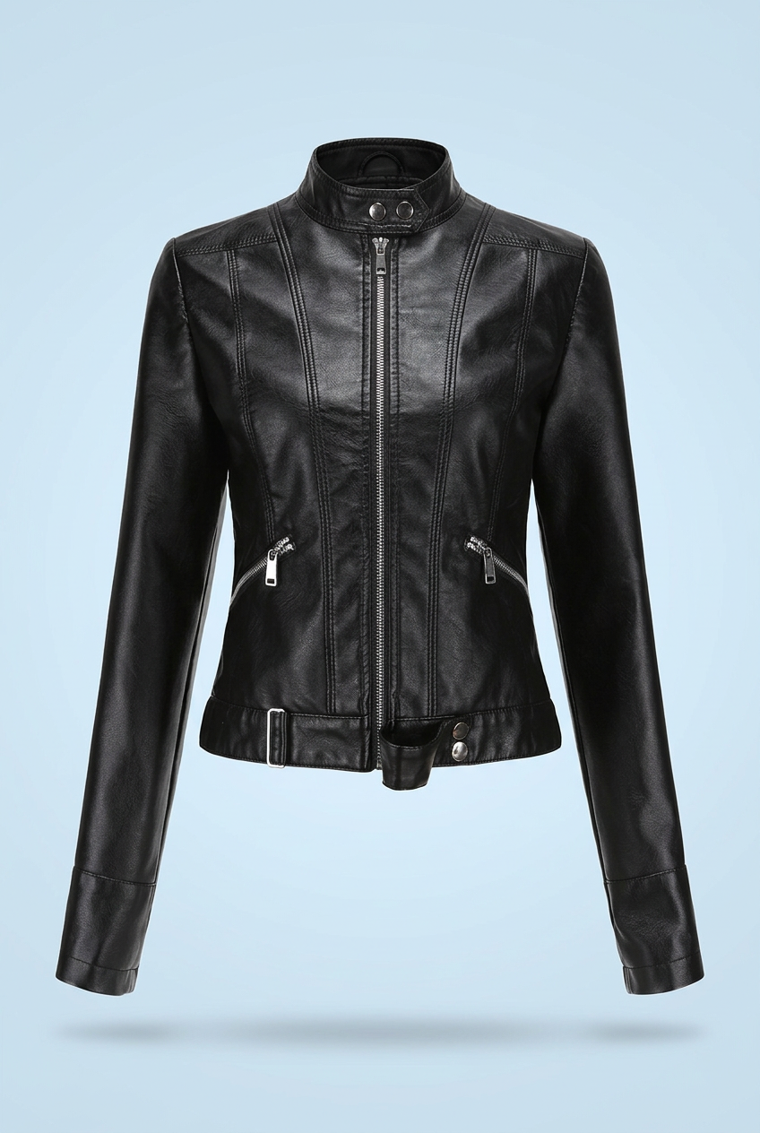 Veste de motard en cuir pour femme, coupe ajustée, fermeture zippée, manteau court