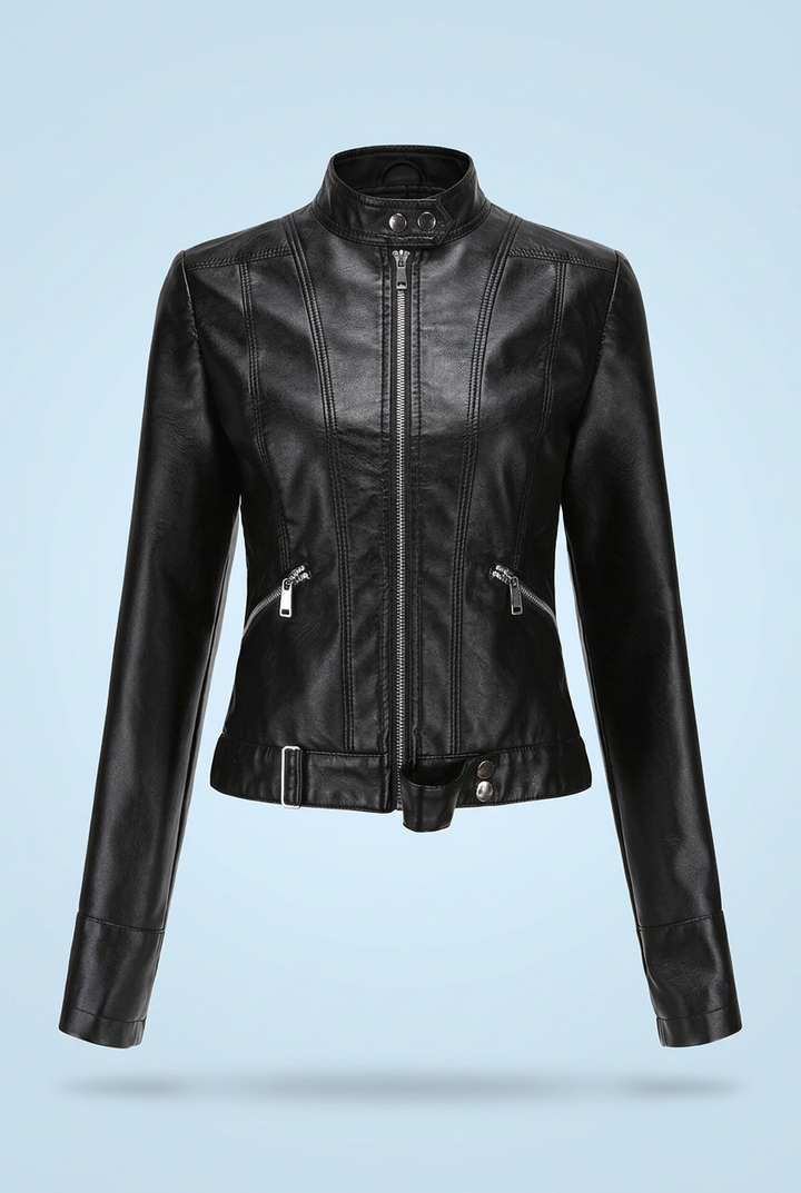 Veste de motard en cuir pour femme, coupe ajustée, fermeture zippée, manteau court