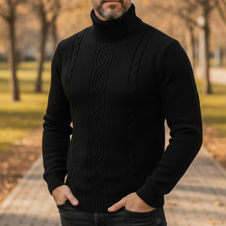 Men's Merino Wool Roll Neck Cable Knit Jumper