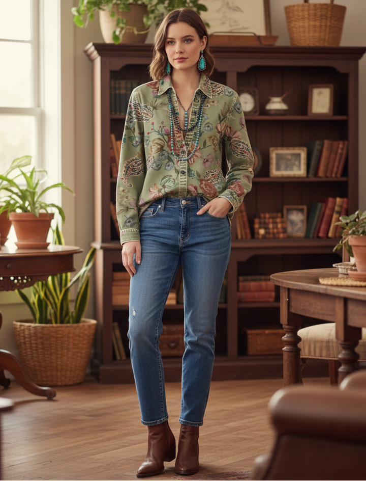Women's Linen Floral Button Down Shirt Long Sleeve Blouse