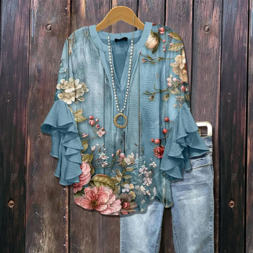 Women's Floral Chiffon Ruffle-Sleeve V-Neck Blouse