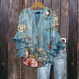 Women's Floral Chiffon Ruffle-Sleeve V-Neck Blouse