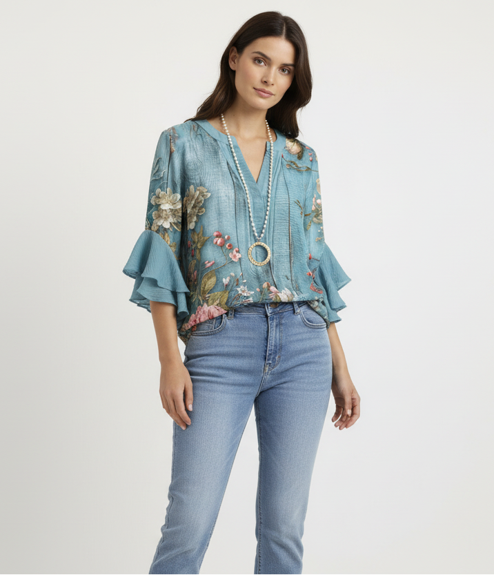 Women's Floral Chiffon Ruffle-Sleeve V-Neck Blouse