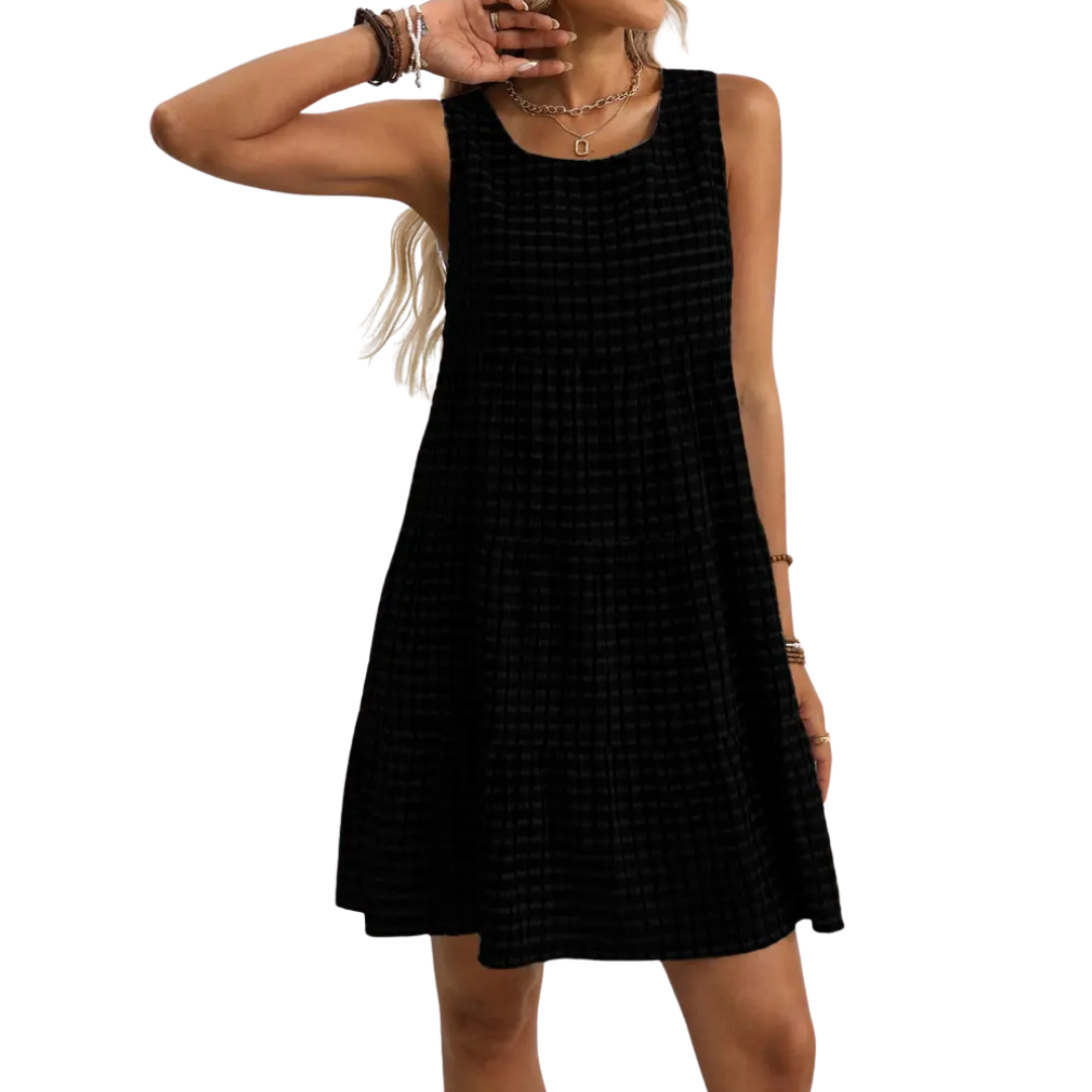 Women’s Linen-Blend Plaid Sleeveless Tiered Mini Dress
