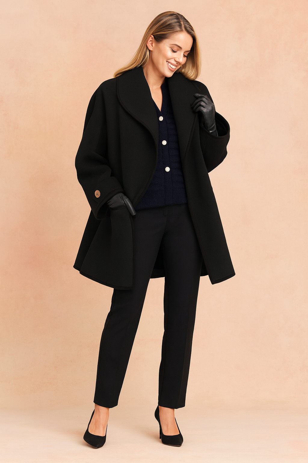 Women's Wool-Blend Contrast Piping Long-Sleeve Overcoat