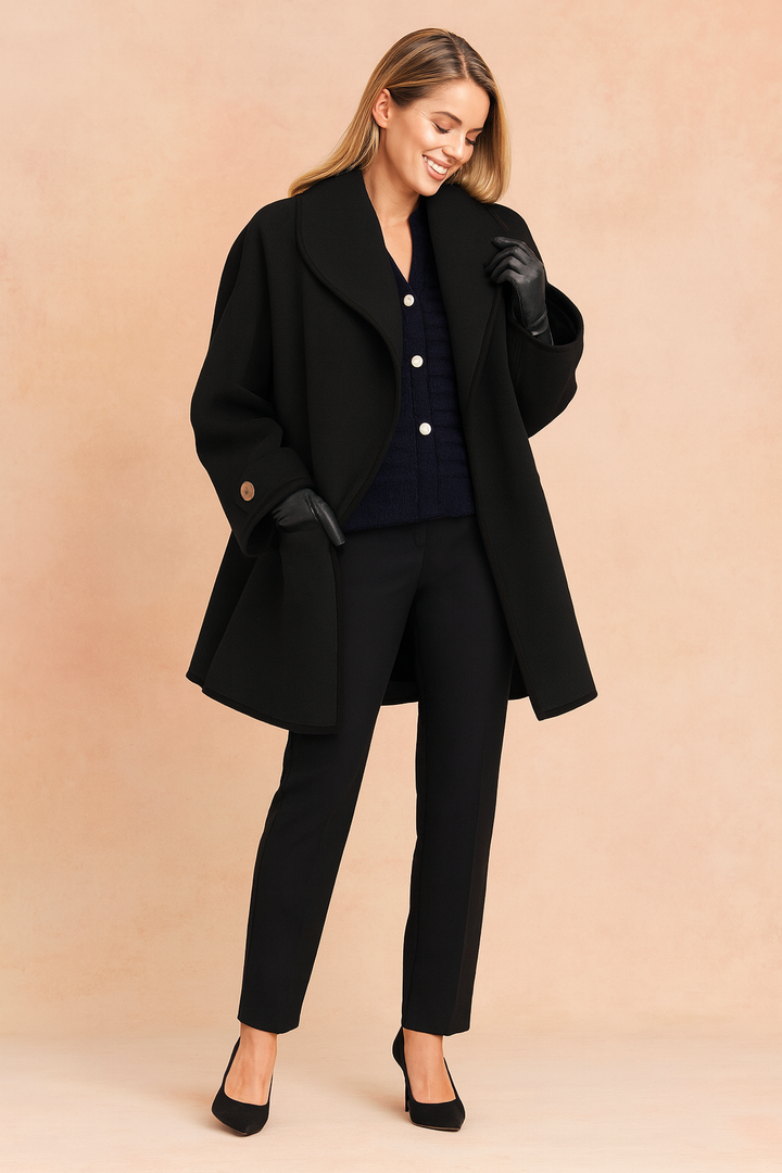 Women's Wool-Blend Contrast Piping Long-Sleeve Overcoat