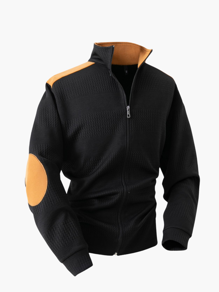 Men's Ribbed Knit Zip Up Jacket with Elbow Patches