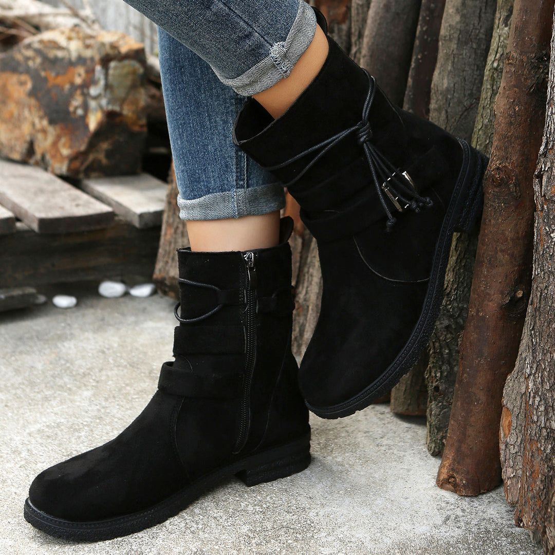 Women's Suede Faux Leather Ankle Boots Buckle Zipper Booties