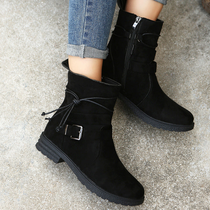 Women's Suede Faux Leather Ankle Boots Buckle Zipper Booties