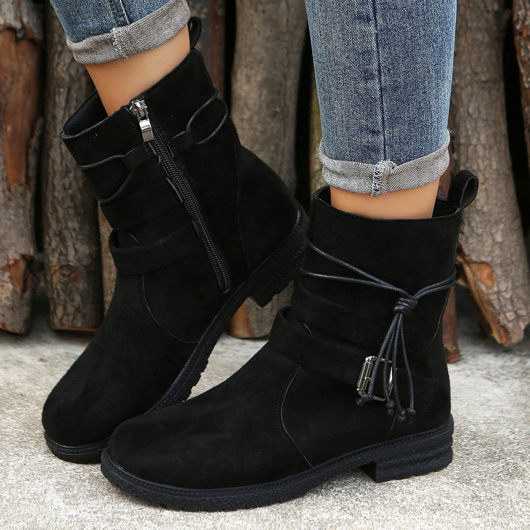 Women's Suede Faux Leather Ankle Boots Buckle Zipper Booties