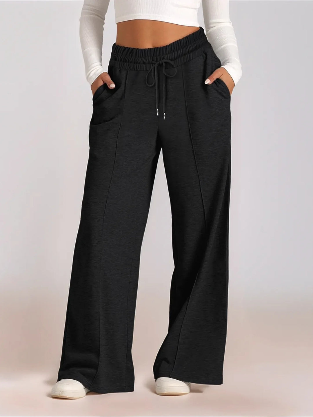 Women's Knit Wide Leg Lounge Pants Drawstring Trousers