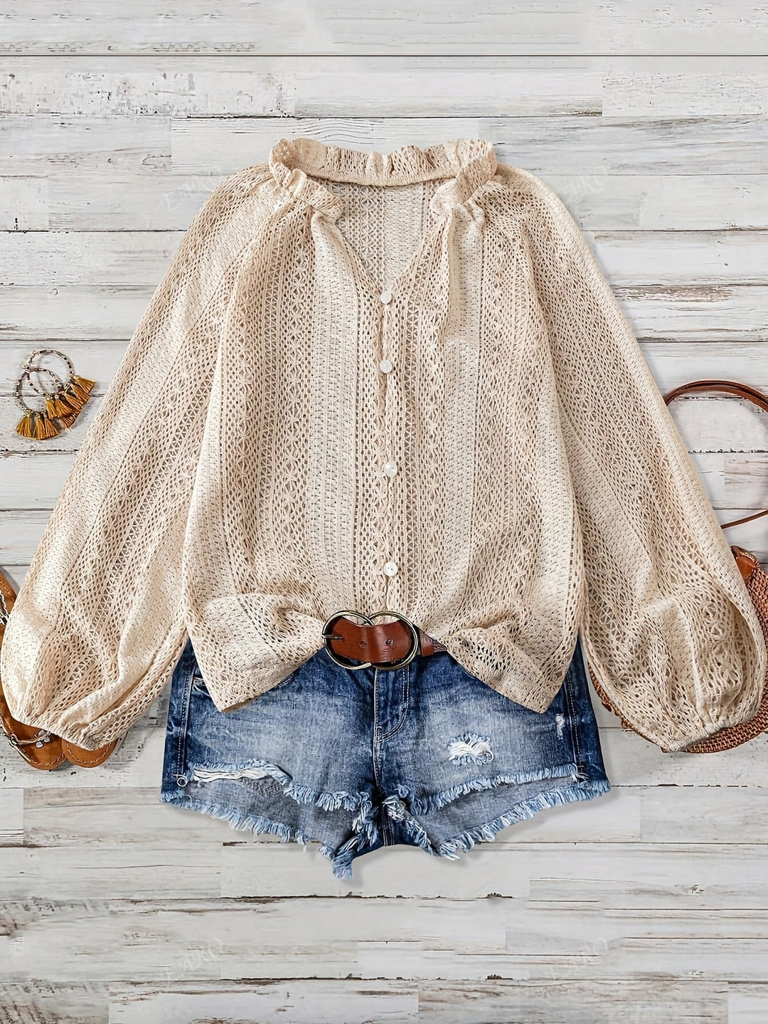 Womens Knit V Neck Blouse Lace Button Up