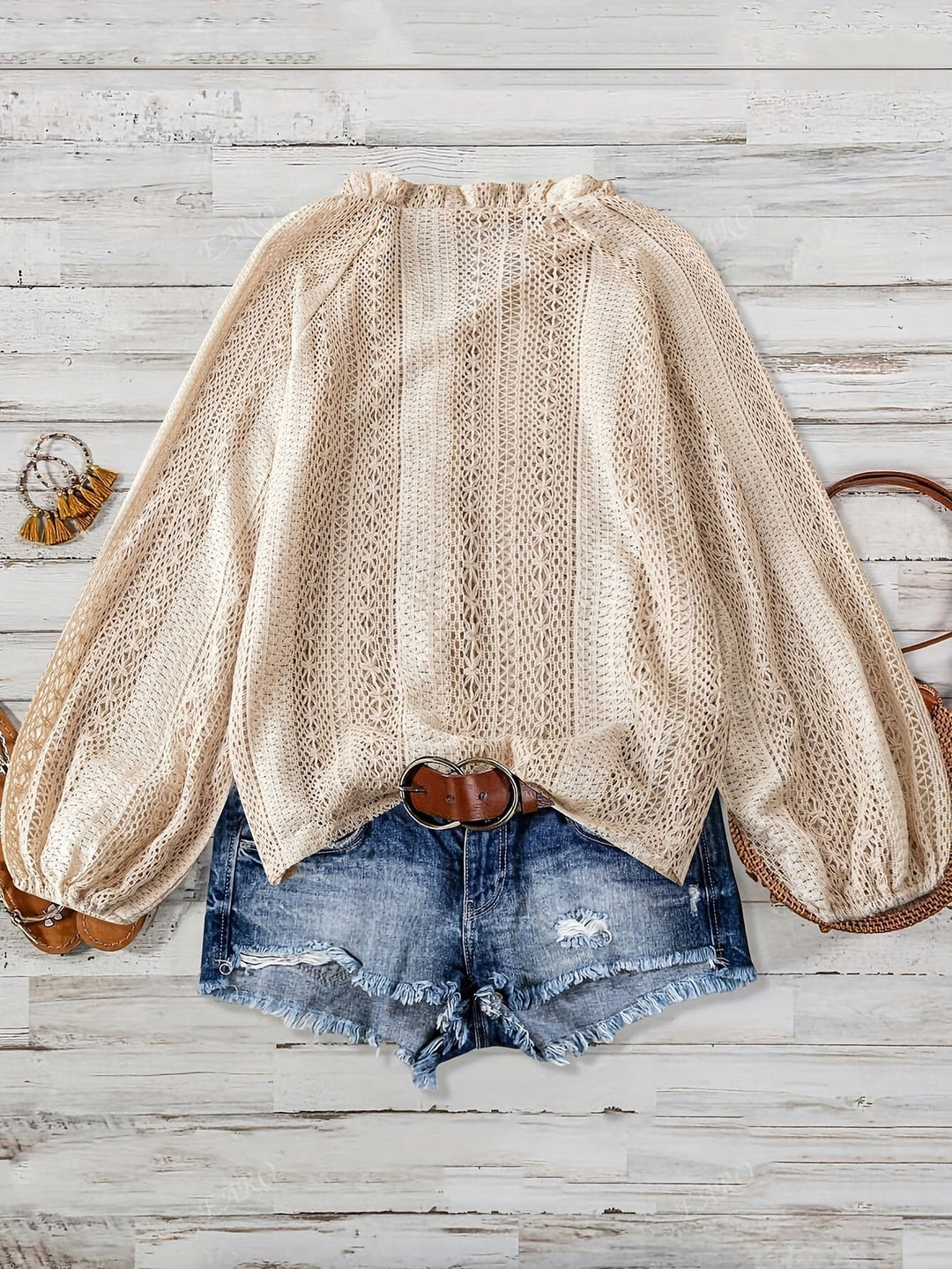 Womens Knit V Neck Blouse Lace Button Up