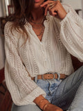 Womens Knit V Neck Blouse Lace Button Up