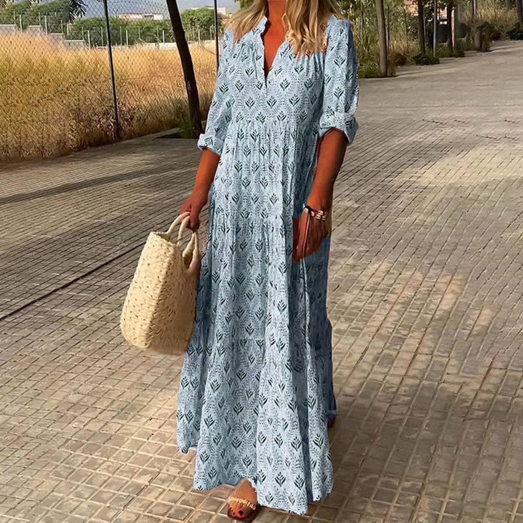 Linen Women Boho Maxi V-Neck Long Sleeve Flowy Kaftan Dress