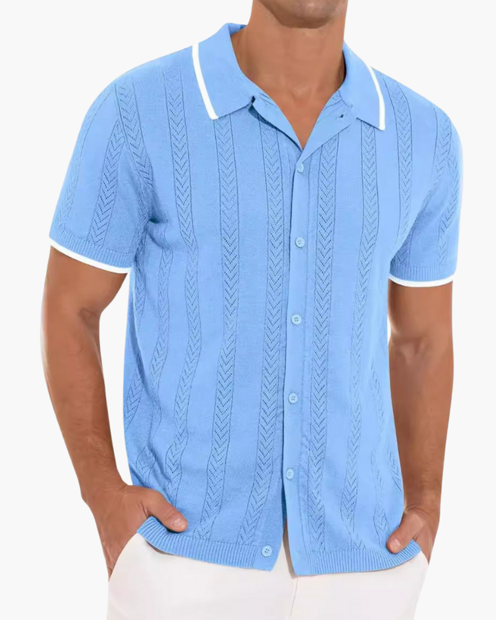 Men Knit Short Sleeve Button Up Polo Shirt